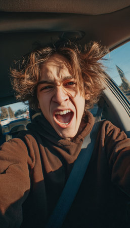 A person accidentally activates the front camera while attempting a selfie in a car, resulting in a humorous and unfiltered expression. Captures a candid, relatable moment.の素材