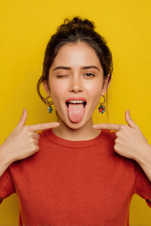 A young woman playfully sticks out her tongue and pulls her cheeks outward with her fingers against a solid yellow background. Ideal for e-commerce and creative projects.の素材