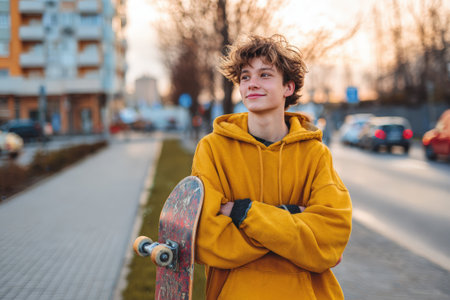 A confident teenage boy with acne stands on a sidewalk, smiling as he looks into the distance. He holds a skateboard and wears a casual urban outfit, showcasing real, unretouched skin.の素材