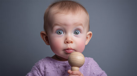 Adorable baby with a curious expression holds a simple wooden rattle. Captured in a lavender gradient studio with diffused soft light, perfect for holiday cards.の素材