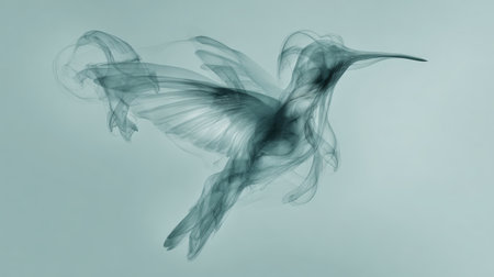 A mesmerizing image of a hummingbird crafted from curling smoke trails, set against a pale aqua background. The blurred wings and translucent gradients create a sense of motion and airiness.の素材