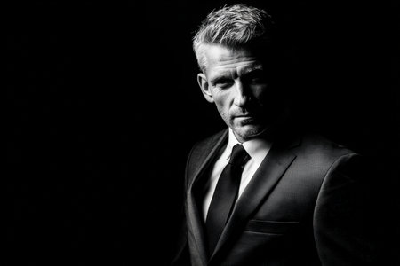 Studio portrait of a confident man in a formal suit, gazing directly at the camera. The dramatic lighting against a solid black background enhances the intensity of the image.の素材