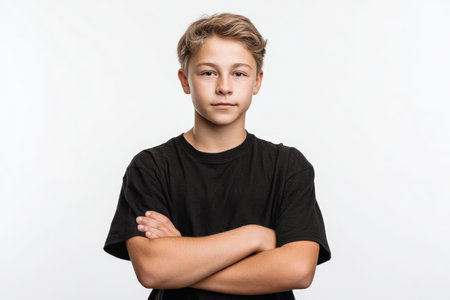 Studio portrait of a confident teenage boy with braces and short hair, standing with arms crossed. He wears a black t-shirt against a white background, presenting a clean and professional look.の素材