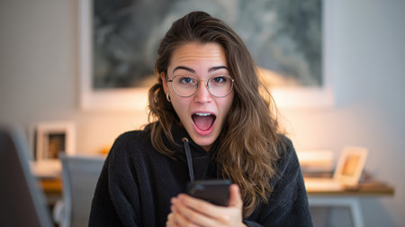 A woman in a modern home office drops her phone in shock, mouth open in surprise. The playful expression captures a moment of unexpected surprise, set against a stylish background.の素材