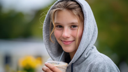 A teenage girl in a hoodie smiles warmly at the camera while holding a smoothie. The outdoor setting and her natural expression create a friendly, lifestyle-oriented vibe.の素材