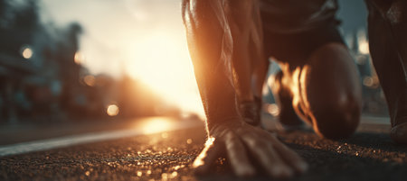 Side view of an athlete's lower body poised at the starting line, captured with sunlight flares and warm tones, creating a strong cinematic composition.の素材