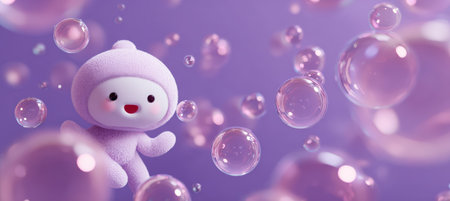 Adorable 3D character joyfully blowing glossy bubbles against a lavender gradient backdrop. Soft directional lighting enhances the smooth plastic texture, creating a playful scene.の素材