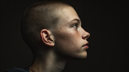 Studio portrait of a teenage boy with visible acne and a buzz cut, captured under butterfly lighting to highlight facial features and authenticity. Side profile view.の素材