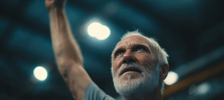 Close-up of an elderly man raising his hand in joy, set against a blurred background. The image captures a nostalgic sports mood with a cinematic lifestyle composition.の素材