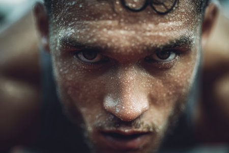 Close-up of a runner's face, showcasing intense focus and concentration before a sprint. The cinematic portrait captures the athlete's determination and readiness for movement.の素材