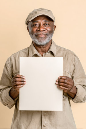 A veteran with a neutral expression holds a blank framed panel. The background features a bright cream gradient, captured with a DSLR at 50mm f/2.8 for a soft, balanced look.の素材