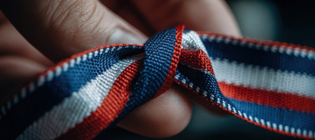 Macro shot of a hand adjusting a red, white, and blue ribbon on a commemorative table. The soft navy background and overhead softbox lighting enhance the photorealistic detail.の素材