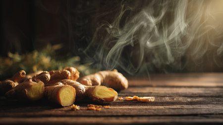 Macro shot of sliced ginger roots on a dark wooden table with soft steam rising, creating a cozy, herbal atmosphere in cinematic morning light.の素材