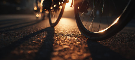 A detailed macro shot of a cyclist's wheels spinning on sunlit asphalt. The image captures warm tones and minimal composition, highlighting the motion and texture of the scene.の素材