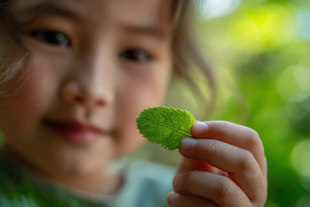 Close-up of a 5-year-old child holding a small leaf, examining it with curiosity. The image features natural light, a gentle smile, and a soft bokeh of greenery in the background.の素材