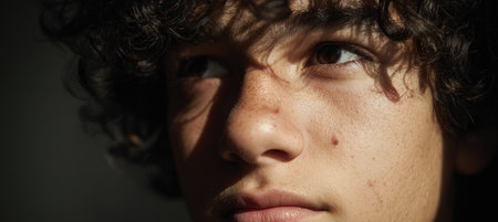 Close-up image of a teen boy with dark curly hair and visible acne. Dramatic side lighting enhances skin texture, highlighting a neutral and introspective expression.の素材
