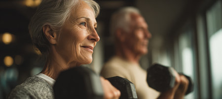 Elderly individuals engage in weightlifting, showcasing active aging. The image features a warm color palette and crisp detail, emphasizing health and vitality.の素材