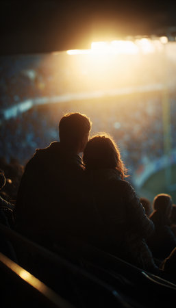 A touching moment as parents watch their athlete child from the stands, bathed in golden light. The soft depth of field enhances the intimate storytelling style of this sports scene.の素材