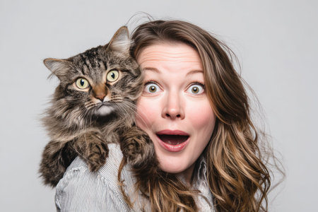 A woman poses for a professional headshot as her cat unexpectedly jumps onto her lap, creating a surprised expression. The motion blur of the pet adds dynamic energy to the bright studio setting.の素材