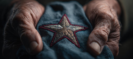 A detailed close-up of an embroidered star motif on a ceremonial cloth held between veteran hands. The image features a slate gradient background and highlights texture, symbolizing Veterans Day.の素材
