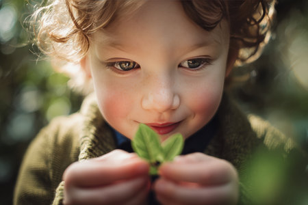 Close-up of a 5-year-old child holding a small leaf, examining it with curiosity. The image features natural light, a gentle smile, and a soft bokeh of greenery in the background.の素材