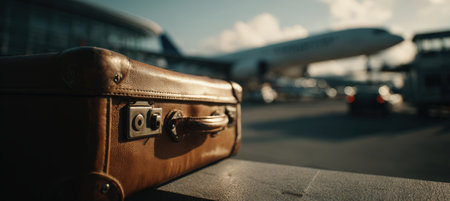 A cinematic macro shot of a suitcase with a blurred airplane in the background, captured in natural lighting. The image conveys a modern travel theme with a storytelling tone.の素材