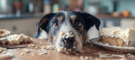 A dog is caught in the act of licking a birthday cake left on the table, with frosting on its nose and guilty eyes. This candid and humorous scene captures a kitchen mishap.の素材