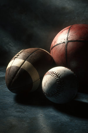 Three sports ballsâbasketball, football, and baseballâare arranged on a dark surface with dramatic chiaroscuro lighting, creating a cinematic and realistic depth effect.の素材