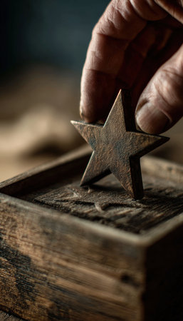 A close-up image of a veteran's hand opening a carved wooden keepsake box containing a matte-metal star. The warm blurred background and soft lighting create a nostalgic atmosphere.の素材