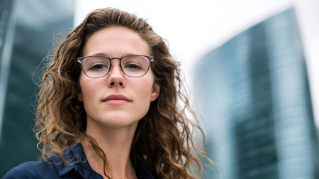 Close-up portrait of a confident female engineer with a blurred skyscraper backdrop. Her intelligent expression and corporate attire convey professionalism and modernity.の素材