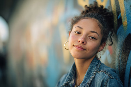 A confident teenage girl with visible acne smiles softly while leaning against a graffiti-covered wall in an urban alley. She wears a denim jacket and hoop earrings, illuminated by natural light.の素材