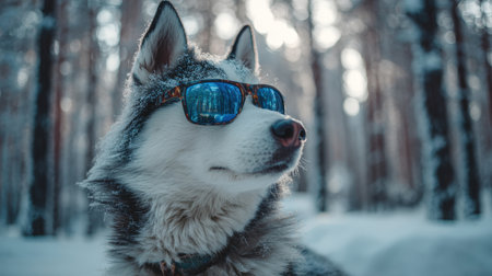 A Siberian Husky with a blue and white coat wears reflective sunglasses in a snow-covered forest. The cinematic cold lighting enhances the winter adventure atmosphere.の素材