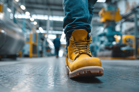 A worker wearing yellow leather boots and blue jeans walks through an industrial factory. The background features polished metal machinery, realistic lighting, and a shallow depth of field.の素材