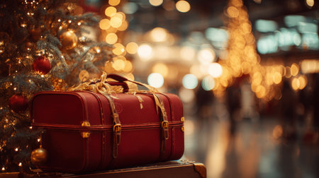 A shiny red suitcase wrapped with a golden ribbon sits beside a glowing Christmas tree in a busy airport. The warm, cozy lighting creates a festive travel mood with a cinematic feel.の素材