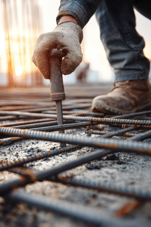 Close-up of an engineer kneeling to inspect rebar installation on a concrete slab. The image highlights tools and materials in a gritty, industrial setting with high detail.の素材