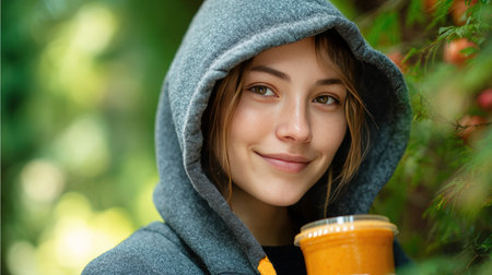 A teenage girl wearing a hoodie smiles warmly at the camera while holding a smoothie outdoors. The natural setting and her friendly demeanor create a relaxed, lifestyle-oriented vibe.の素材