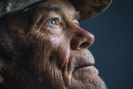 Ultra-detailed close-up profile of a veteran gazing upward with a serene, reflective expression. The image features a navy gradient background, captured with a 105mm f/2.8 lens.の素材