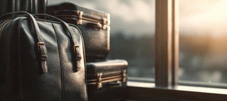 Elegant black travel luggage sits near a window, overlooking an airplane. The scene is captured in cinematic soft light, evoking a mood of travel and sophistication.の素材