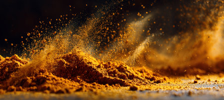 Abstract photography capturing turmeric powder in motion with artistic blur, creating a golden dust effect in the air. The surreal lighting enhances the vibrant, dynamic scene.の素材