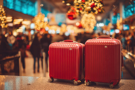 Two red suitcases stand beside check-in counters in a bustling airport. The background is filled with holiday travelers and festive decorations, capturing the lively travel atmosphere.の素材