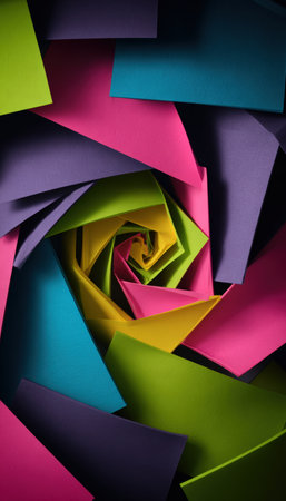 Artistic arrangement of colorful sticky notes in a spiral pattern, enhanced by neon lighting. The surreal design creates a hypnotic and abstract visual effect.の素材