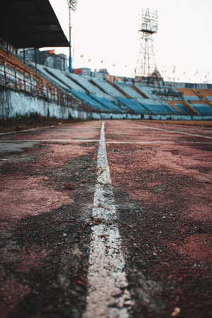 A vintage-style stadium featuring an old red running track with faded paint and worn lines, evoking a nostalgic retro sports theme. The image captures a sense of history and timelessness.の素材