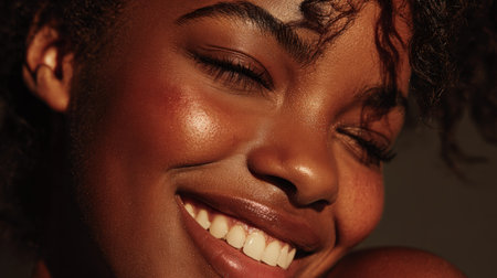 Close-up of a teen girl with dark brown skin, showcasing a joyful expression and natural beauty. Captured in glossy magazine-style lighting, highlighting her radiant complexion.の素材