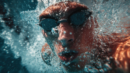 Cinematic underwater shot of a swimmer breaking the surface, capturing the dynamic motion and splash. The image conveys a powerful sports mood with a focus on movement.の素材
