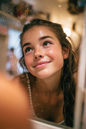 A teenage girl with blemishes smiles confidently into the mirror, droplets of water on her cheeks, after rinsing her face in the sink. The image captures a moment of self-assurance.の素材