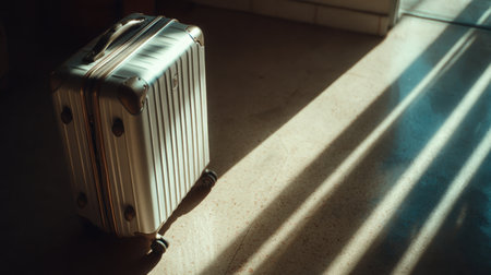 Close-up image of a bright suitcase with sunlight casting patterns on the floor. The scene captures a cinematic travel tone with a clean, minimalist aesthetic and texture detail.の素材