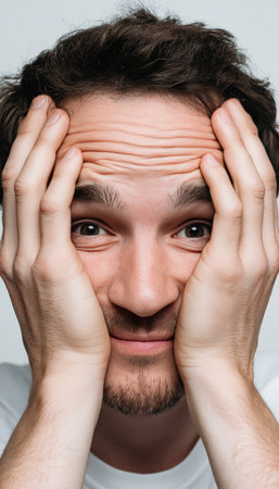 A man humorously pulls his face into a square shape with his hands, eyebrows exaggeratedly raised, set against a white seamless backdrop in a minimalist studio.の素材