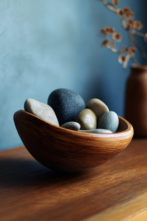 A wooden bowl filled with smooth stones, creating a serene and zen-like atmosphere. Perfect for tranquil home decor, this arrangement embodies simplicity and natural beauty.の素材