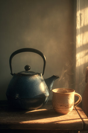 A tranquil still life featuring a blue tea kettle and a ceramic cup, bathed in gentle warm light. The scene exudes calmness and simplicity, perfect for relaxation themes.の素材