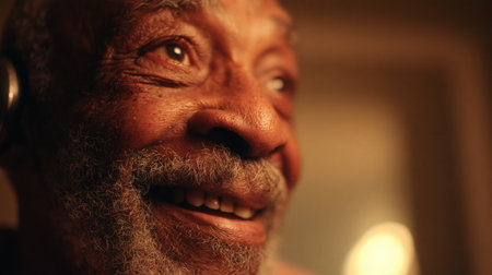 Close-up of an elderly man's joyful expression illuminated by screen light. The blurred background and warm tones enhance the cinematic emotional realism of the scene.の素材